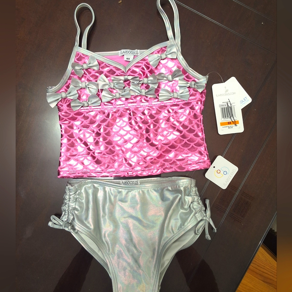 Flapdoodles Girls Size 6 Pink Silver Two-piece Mermaid Bows Tankini Swimsuit